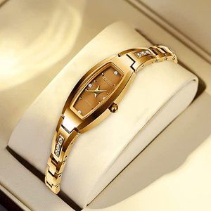 JSDUN Gold Watch Diamond Art Deco Style Tungsten Band Waterproof Retail $150